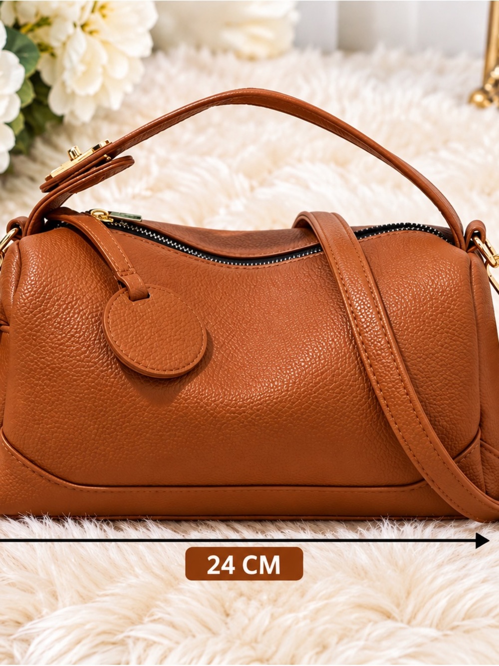 Textured Small Barrel Shoulder Bag in Cognac